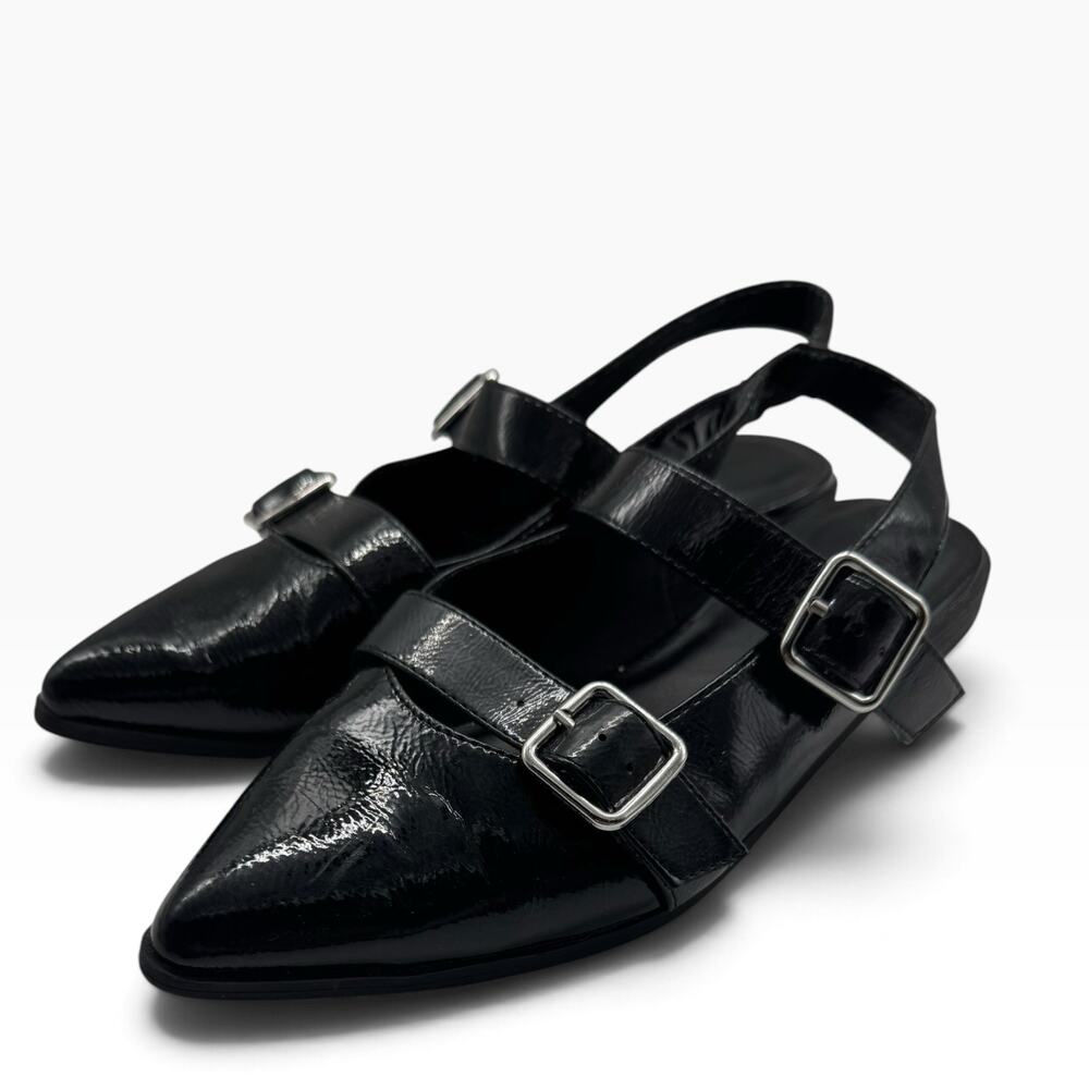 Old Navy Black Patent Leather Pointed Toe Strappy Shoes Size 9 Mary Jane Buckles